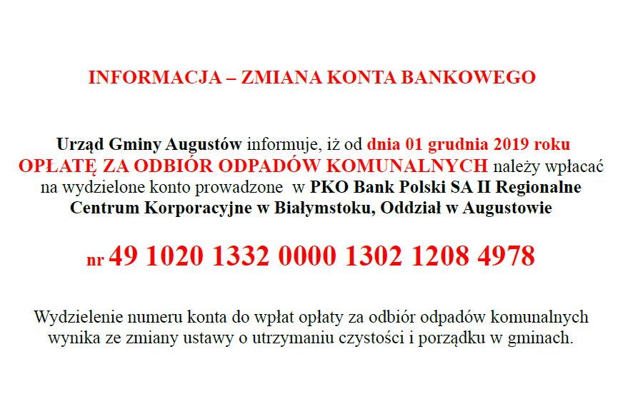 Informacja o nowym koncie bankowym do opłat za odbiór odpadów