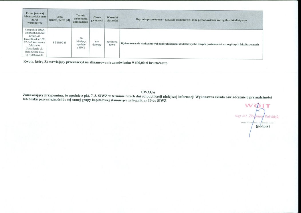 Informacja z otwarcia ofert