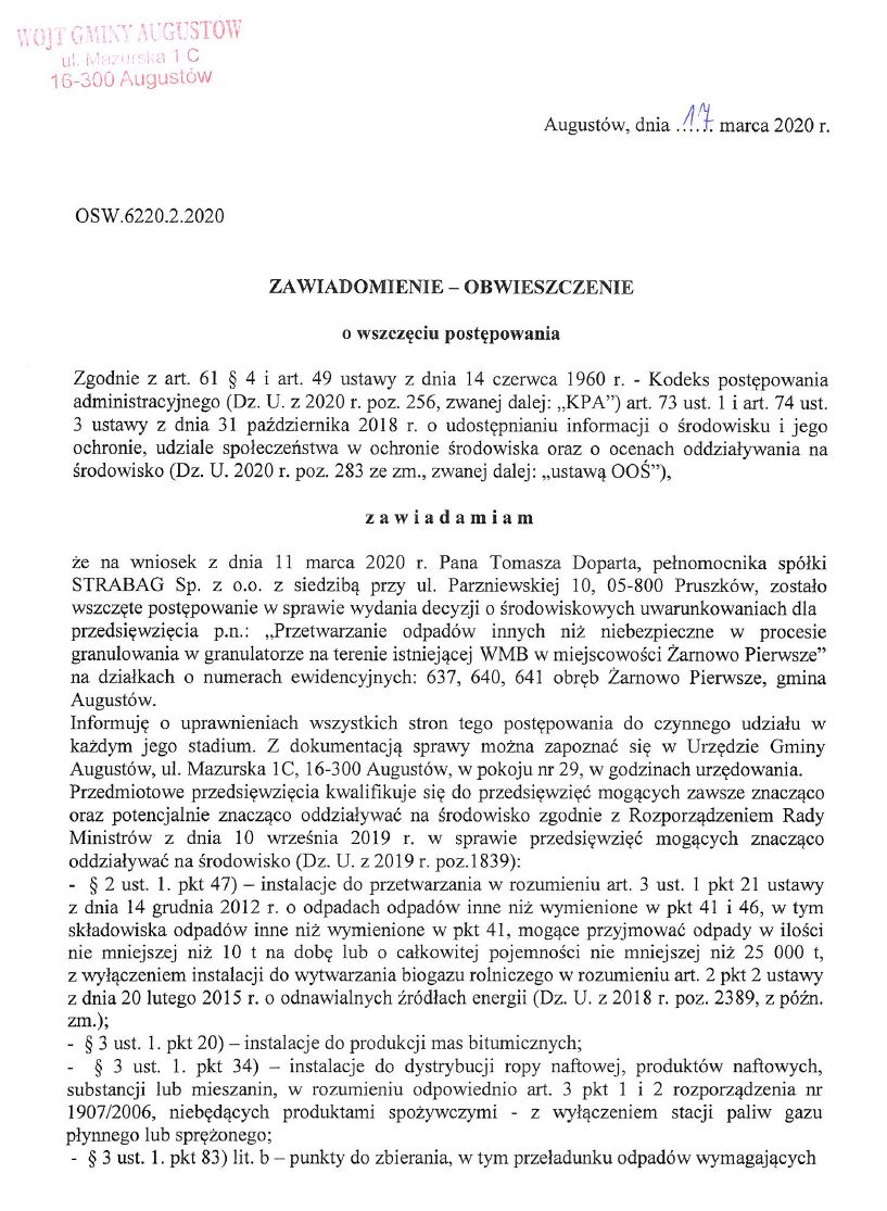 Zawiadomienie - Obwieszczenie o wszczęciu postępowania dotyczącego wydania decyzji o środowiskowych uwarunklowaniach dla przedsięwzięcia pn." Przetwarzanie odpadów innych niż niebezpieczne w procesie granulowania w granulatorze na terenie istniejącej WMB 